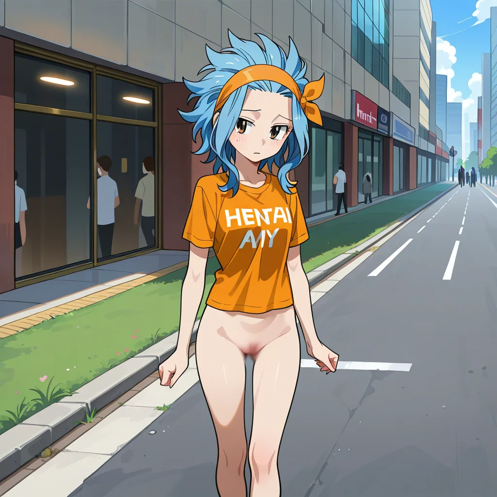 levy mcgarden, public_indecency, shame, bottomless, shirt, hentai_studio_quality, hentai_studio_quality