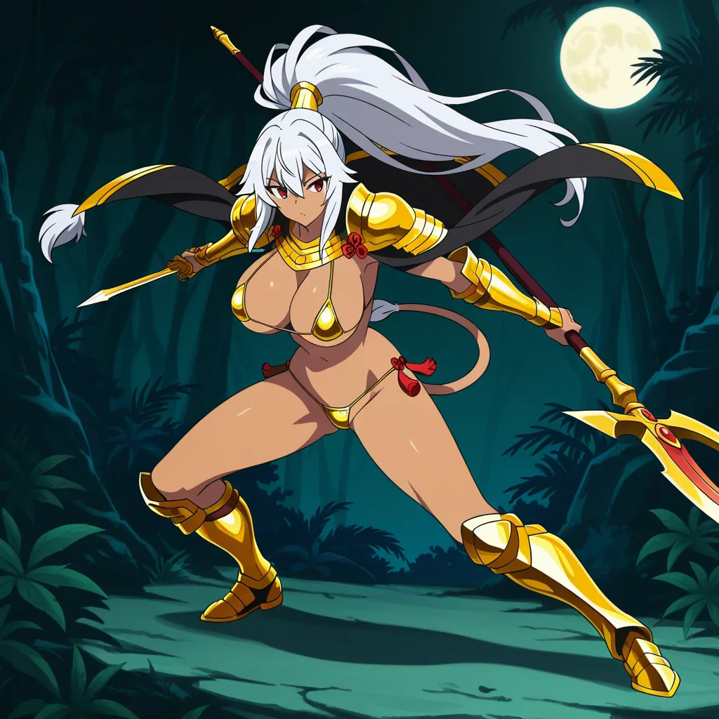 futnari ,big penis ,cumshot ,masutbation , Masterpiece, detailed anime illustration, 1girl, voluptuous, dark skin, red eyes, white hair, silver hair, long hair, huge high ponytail, lion tail. Wearing gold metallic micro bikini, detailed gold and white armor on shoulders and legs, intricate armor plates, red tassels, shimenawa rope accents. Holding a large fantasy polearm, combat pose, action stance, dynamic pose. Dark dense jungle background, moon light filtering through trees, shadows, cinematic lighting, epic fantasy art style., hentai_studio_quality