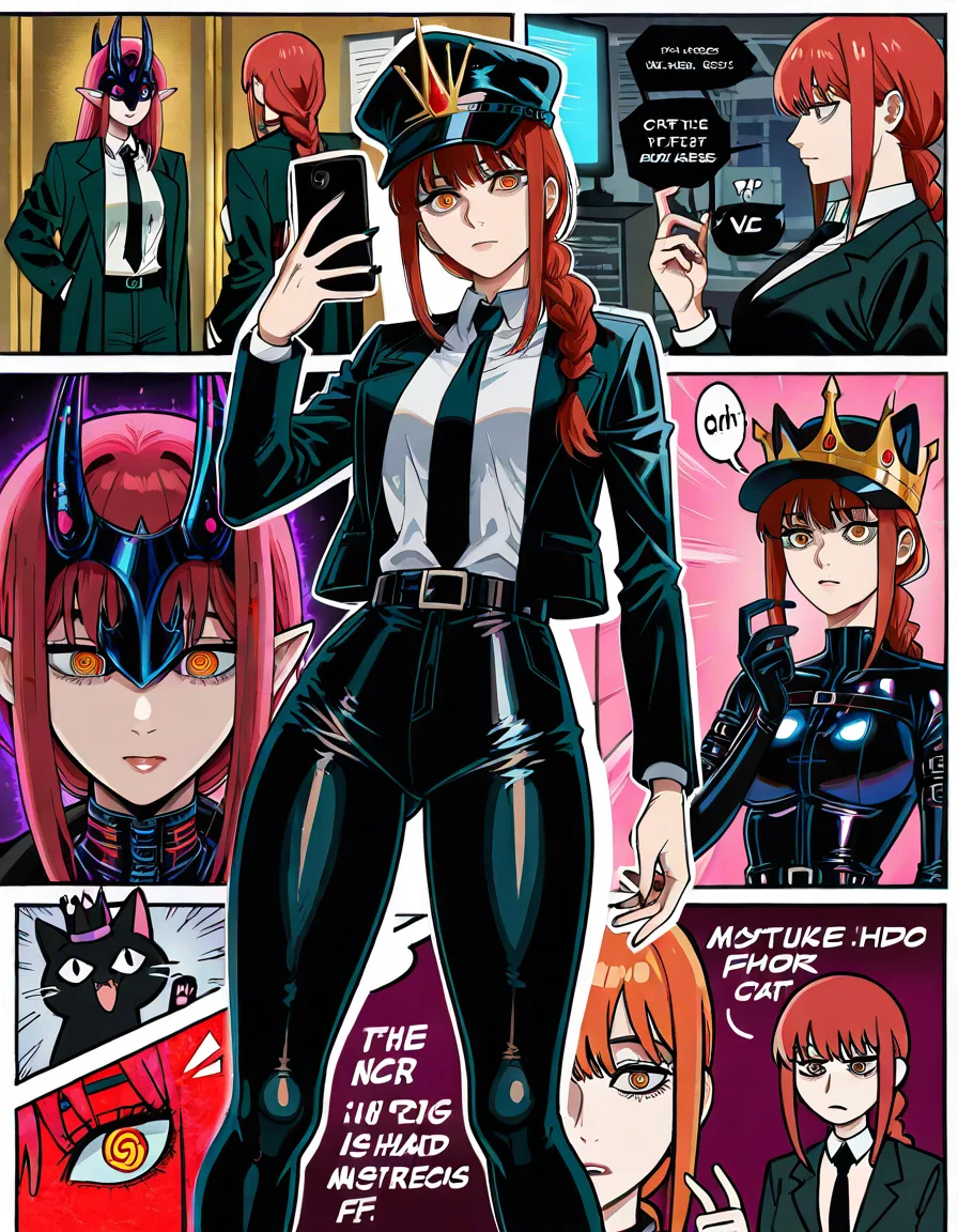 lips, mysterious vibe, ultra HD, lifelike, hat, fake_horns, cat_girl, @makise_kurisu, @makima_(chainsaw_man), science_fiction, mspaintadventures, holding_phone, office lady, latex_thighighs, black_belt, crown, socks, princess, elf, goth, @makise_kurisu, black_gloves, score_9, score_8, candid photo, realistic skin texture, visible skin pores, film grain, depth of field, hentai_studio_quality