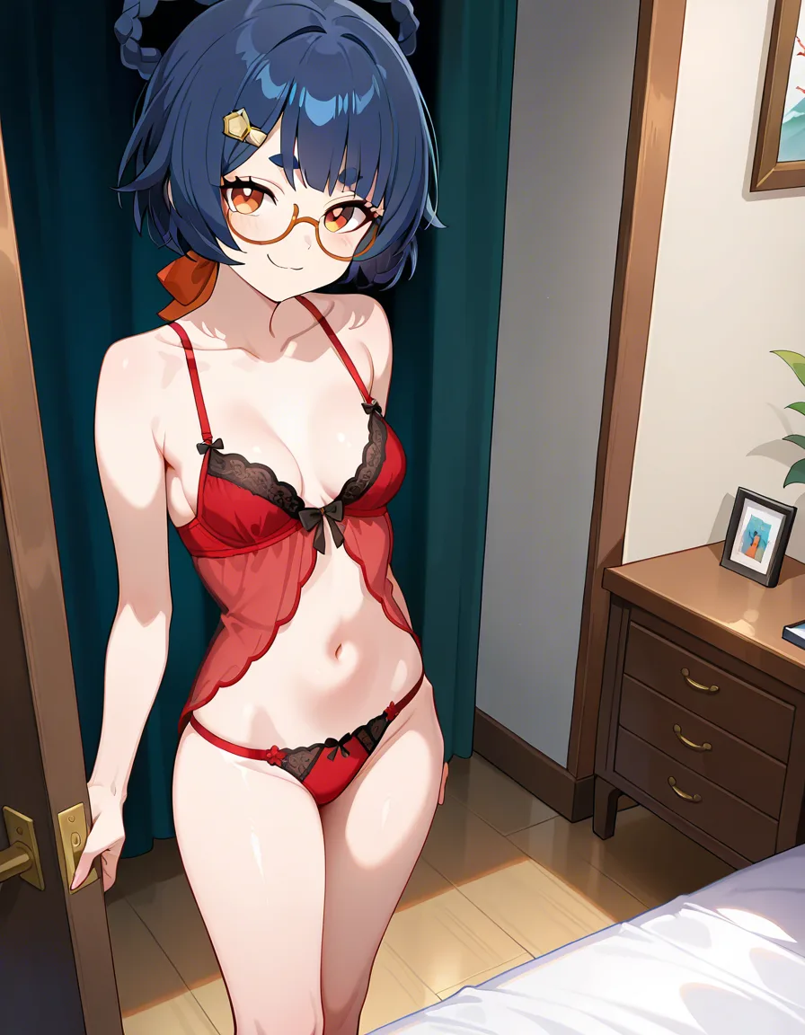 @xiangling_(genshin_impact), glasses, standing in bedroom, /hentai_studio_quality, smug, small_breasts, red lingerie, hentai_studio_quality, red_eyes, dark black_hair, hentai_studio_quality, looking_down at viewer, viewer looking up at panties, hentai_studio_quality