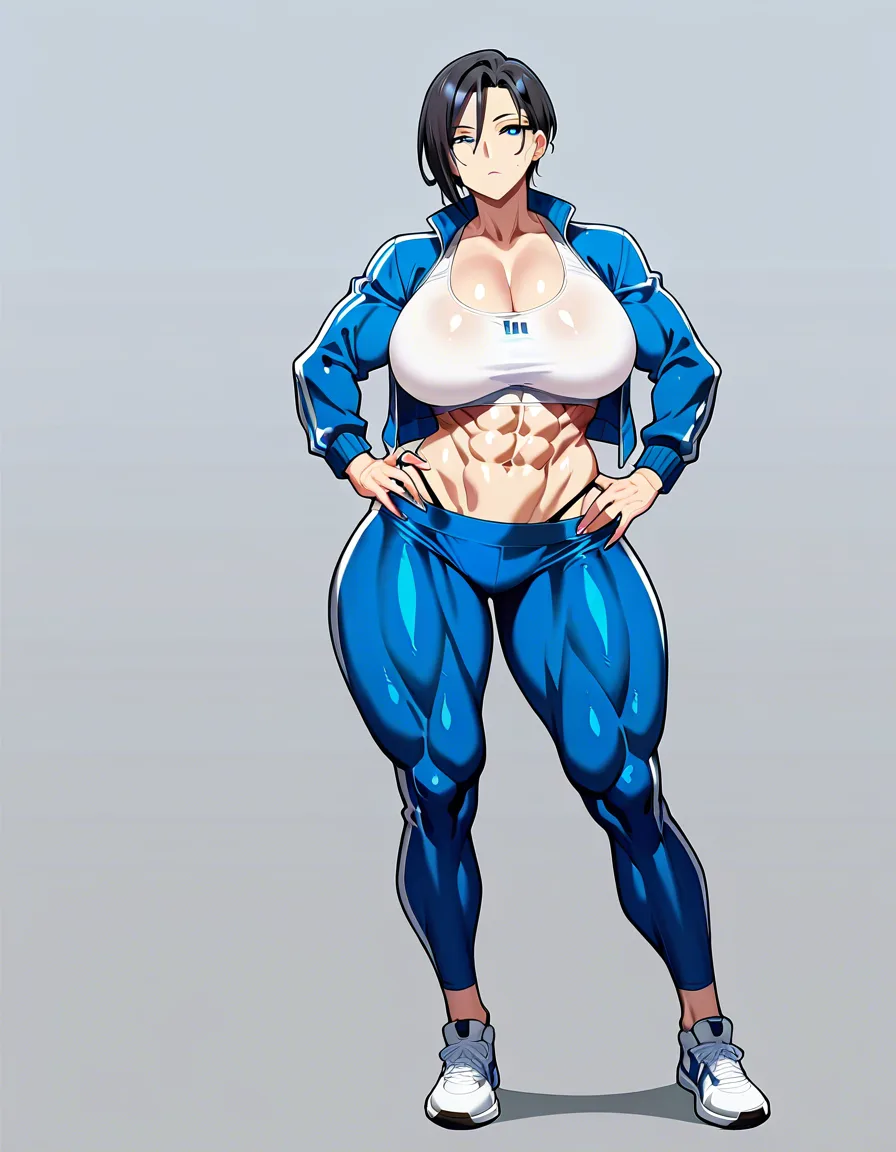 1girl mature_female female muscular_female crop_top sneakers curvy large_pectorals large_breasts wide_hips thick_thighs short_hair black_hair blue_eyes track_jacket, panties hentai_studio_quality, hentai_studio_quality, hentai_studio_quality, hentai_studio_quality
