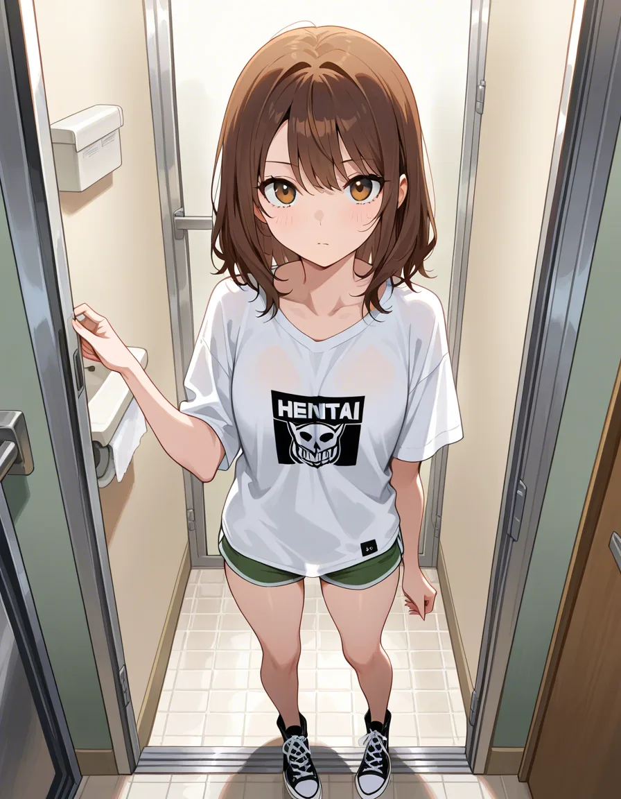 masterpiece, best quality, 1girl, brown_hair, medium_hair, petite, white_shirt, oversized t-shirt, green_shorts, micro_shorts, converse, standing, pov, close-up , BREAK bathroom,, hentai_studio_quality