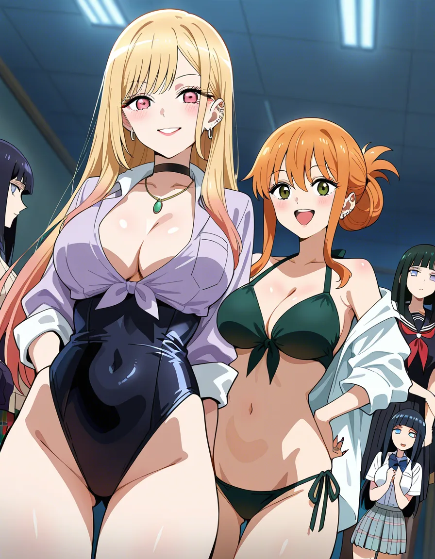5girls @hyuuga_hinata @kitagawa_marin @nami_(one_piece) @android_18 @yor_briar #school_uniform, hentai_studio_quality