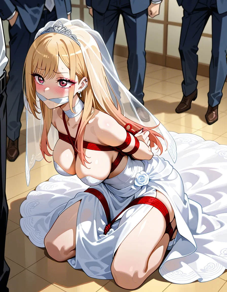 /best_quality /ultra_detailed @kitagawa_marin #wedding_dress #bridal_veil #topless #kneeling #bondage #gagged #public_indecency, hentai_studio_quality