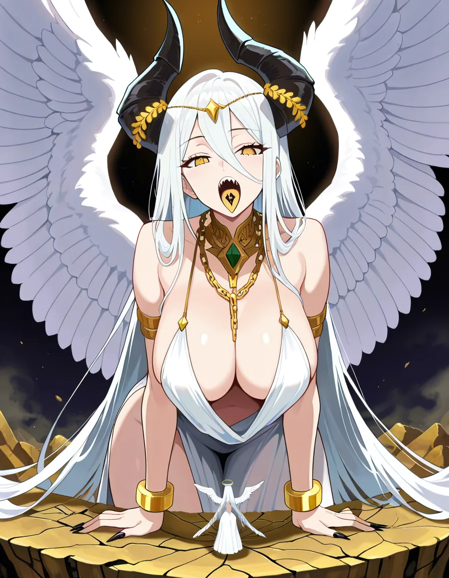 masterpiece, best quality, highly detailed, anime style, 2d,

giantess Eva, extremely tall 6 meter woman, long pure white hair, large black horns with gold cracks, six large white feathered angel wings, golden eyes, elegant white dress with gold chains and ornaments partially pulled up, long black sharp nails, tongue tattoo visible,

size difference, tiny 160cm man, small penis,

the man is in doggy position, ass raised toward the giantess, 

Eva is squatting down, lifting the small man up with one hand, her long tongue extended deep into his asshole, rimming him intensely, licking inside his anus,

bright red lipstick marks and smudges all over his asshole and surrounding skin, glossy lipstick stains,

her other hand is stroking his small cock, handjob,

extreme size difference, the man looks tiny compared to her, detailed long tongue inside the asshole, wet saliva, high detail on the rimming, lipstick, and handjob,

dramatic lighting, dark elegant white_background, hentai_studio_quality