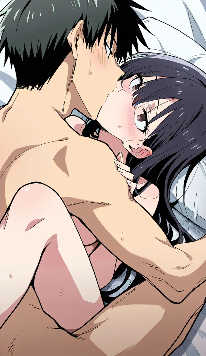 ((masterpiece, best quality, ultra-detailed, doujinshi, Manno, official art style)), full color, boy-fucking-girl scene, manga panel layout; the male is a male student with a mild-mannered appearance who becomes aroused and assertive; the female is a beautiful high school girl with long black hair who moans intensely as she reaches the peak of pleasure; in the bedroom; motion lines, speed lines, Japanese sound effects, Japanese text speech bubbles, hentai_studio_quality