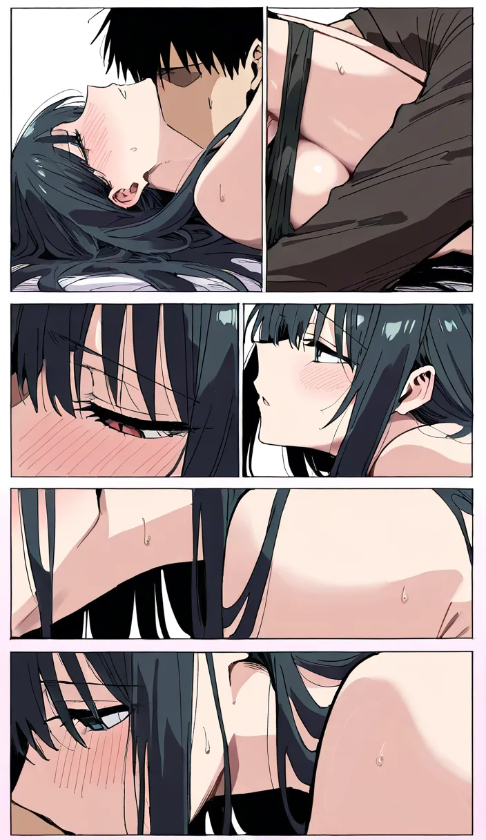 ((masterpiece, best quality, ultra-detailed, doujinshi, Manno)), full color, boy-fucking-girl scene, manga-style panel layout; the boy is a high school student with a mild-mannered appearance who becomes aroused and assertive; the girl is a beautiful high school student with long black hair who moans intensely as she reaches the peak of pleasure; in the bedroom; motion lines, speed lines, Japanese sound effects, Japanese text in speech bubbles, hentai_studio_quality