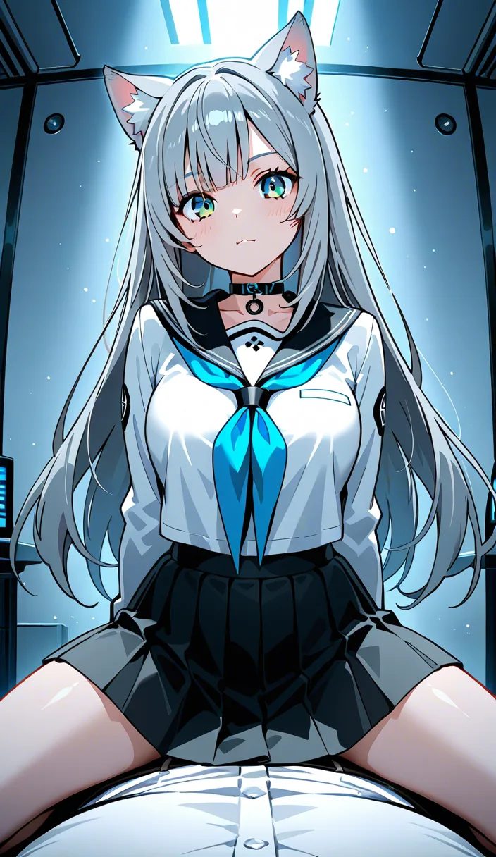 ultra HD, lifelike, catgirl, grey hair, black skirt, straddling, rim light, studio photo