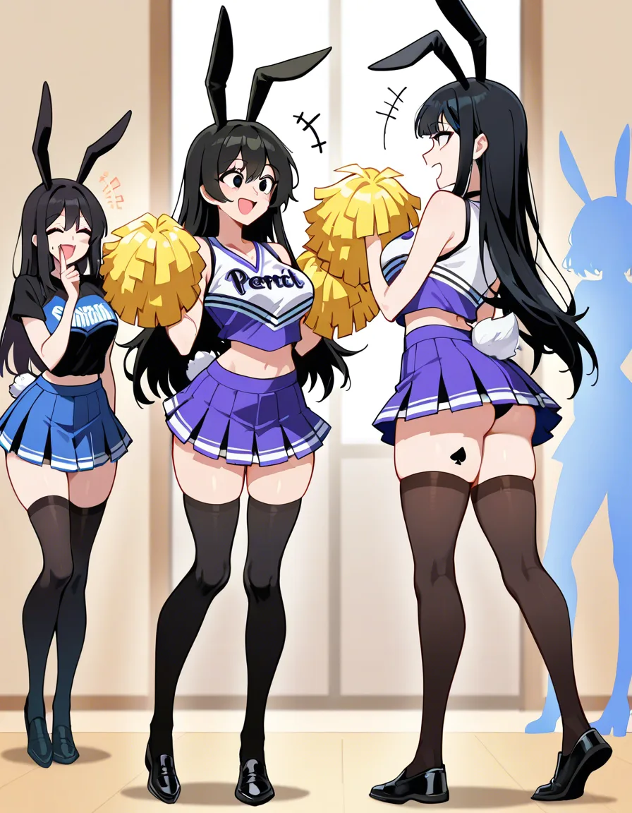 masterpiece, clean art, multiple_girls , long_hair, eager , encouraging, goth, black_hair , hand_up , perfect feet , thighhighs, rabbit_ears , rabbit_tail, makeup , thighs , perfect face, perfect anataomy, perfect proportions, spade tattoo on thigh, skirt, happy, cheerleader, supportive , chearleading, light_smile, blush, cheering on other girls, everyone , on_ground, hentai_studio_quality, hentai_studio_quality
