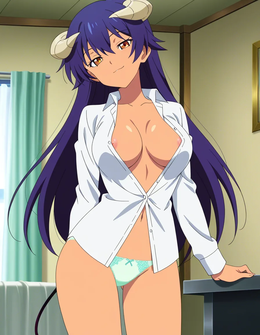 ultra detailed shading, demon girl, large_breasts , unbuttoned dress_shirt , no_bra , seductive_smile , panties, no_pants , nipple_slip , indoors ,, (anime style:1.3), 2d, anime screencap, cel shading, flat color, @00osamio00
