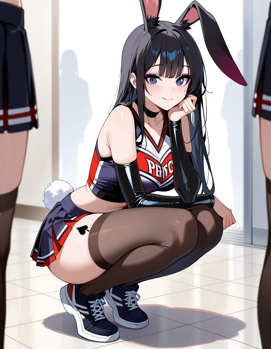 masterpiece, clean art, solo_focus , 1girl, long_hair, eager , encouraging, goth, black_hair , hand_up , thighhighs, rabbit_ears , rabbit_tail, makeup , thighs , perfect anataomy, perfect proportions, spade tattoo on thigh, happy, cheerleader, squatting , light_smile, blush , full_body , holding_tray, dildo on tray, hentai_studio_quality, hentai_studio_quality, hentai_studio_quality