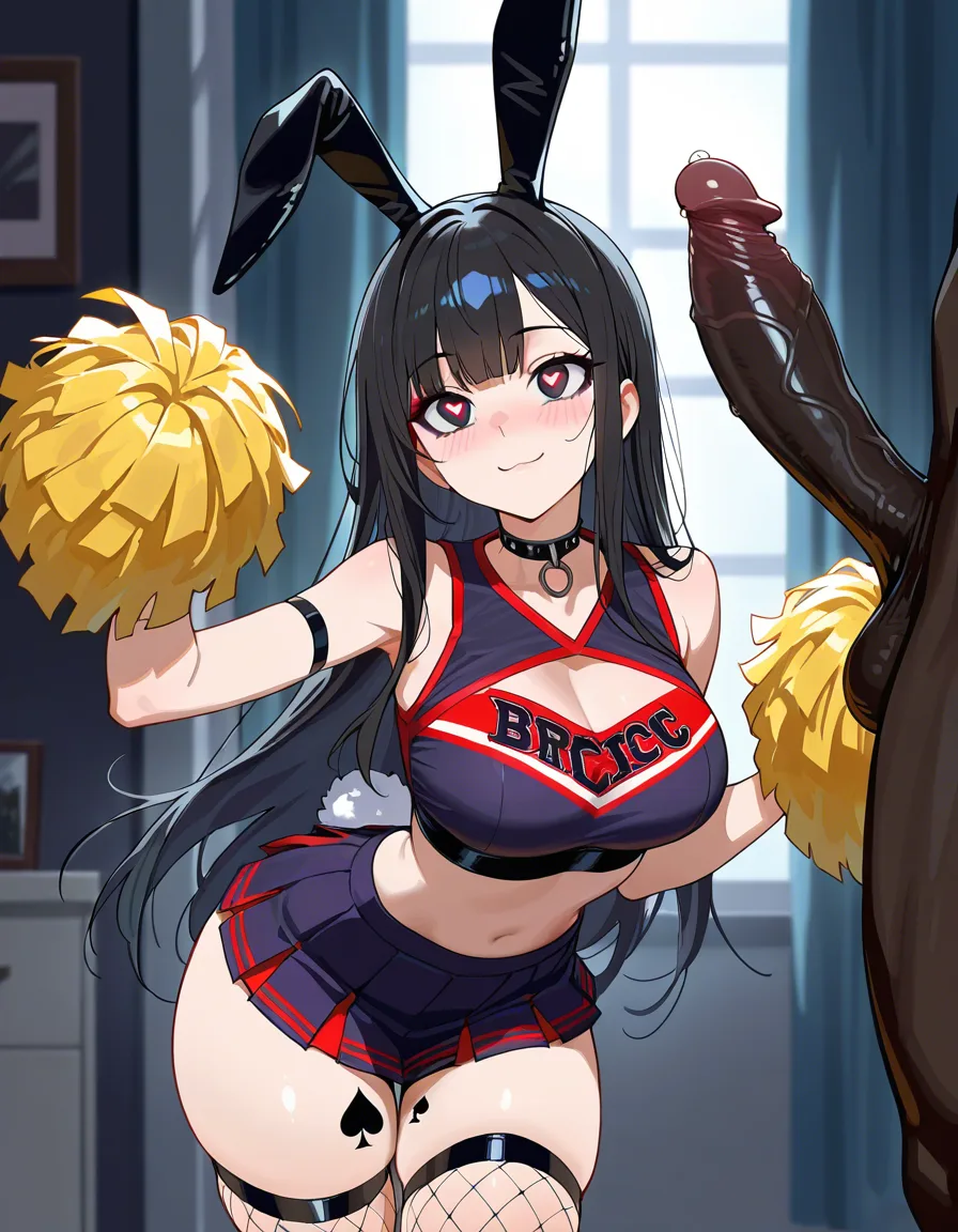 masterpiece, clean art, 1boy , 1girl , long_hair, eager , goth, black_hair , hand_up , fishnets , rabbit_ears , rabbit_tail, makeup , thighs , perfect anataomy, perfect proportions, perfect spade tattoo on thigh, heart-shaped_pupils , cheerleader , light_smile, blush , penis, BBC,, all_fours , interacial, fellatio , cum_on_clothes , squatting ,, hentai_studio_quality, hentai_studio_quality