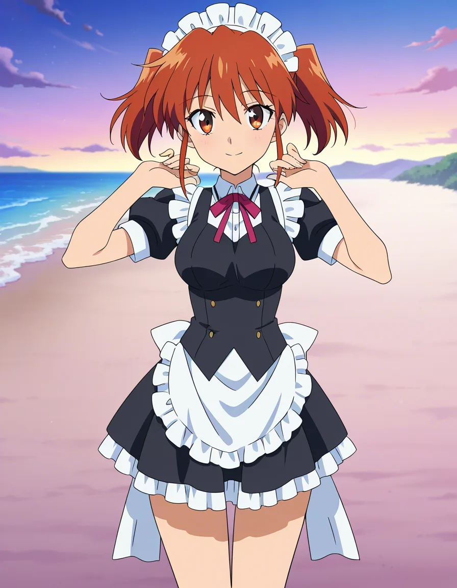 highly detailed, vibrant, maid, presenting, hands up, skirt, beach, highly detailed anime, (anime style:1.3), 2d, anime screencap, cel shading, flat color