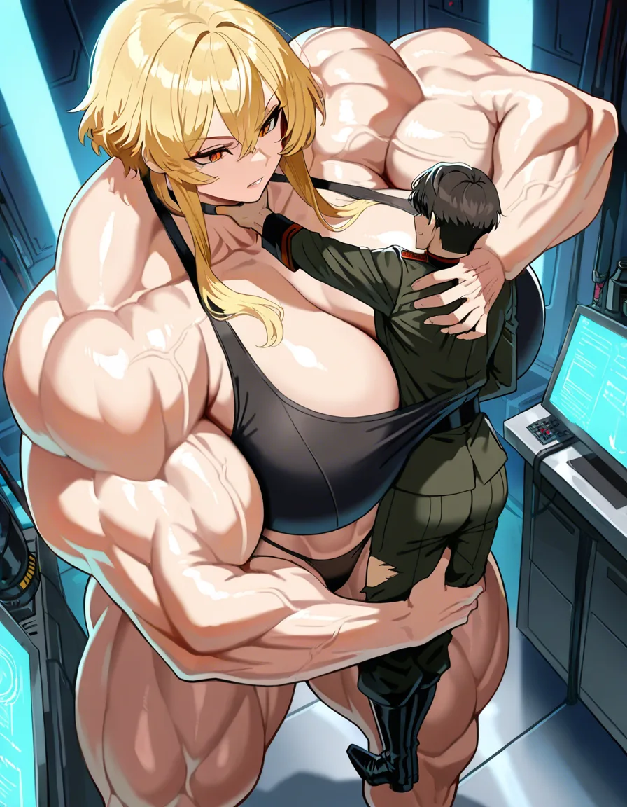 Giant muscular_female, petite mature_male , extreme size_difference, huge height_difference, female torn_clothes crop_top underwear, titanic female, female blonde_hair short_hair_with_long_locks , thin male military_uniform , military lab , science_fiction , femdom, throat grab lift, female carrying male high, aggressive female, pinned male against_wall, confident female, angry female looking_down , female talking, nervous blush male looking_up , breast_press, male black medium_hair, female abs, female big biceps, female big shoulders, female thick_thighs, female huge_ass, female wide_hips, huge_breasts, male narrow_waist, male stubble, domination, eye_contact, female crushing male, aged_up, /masterpiece, hentai_studio_quality