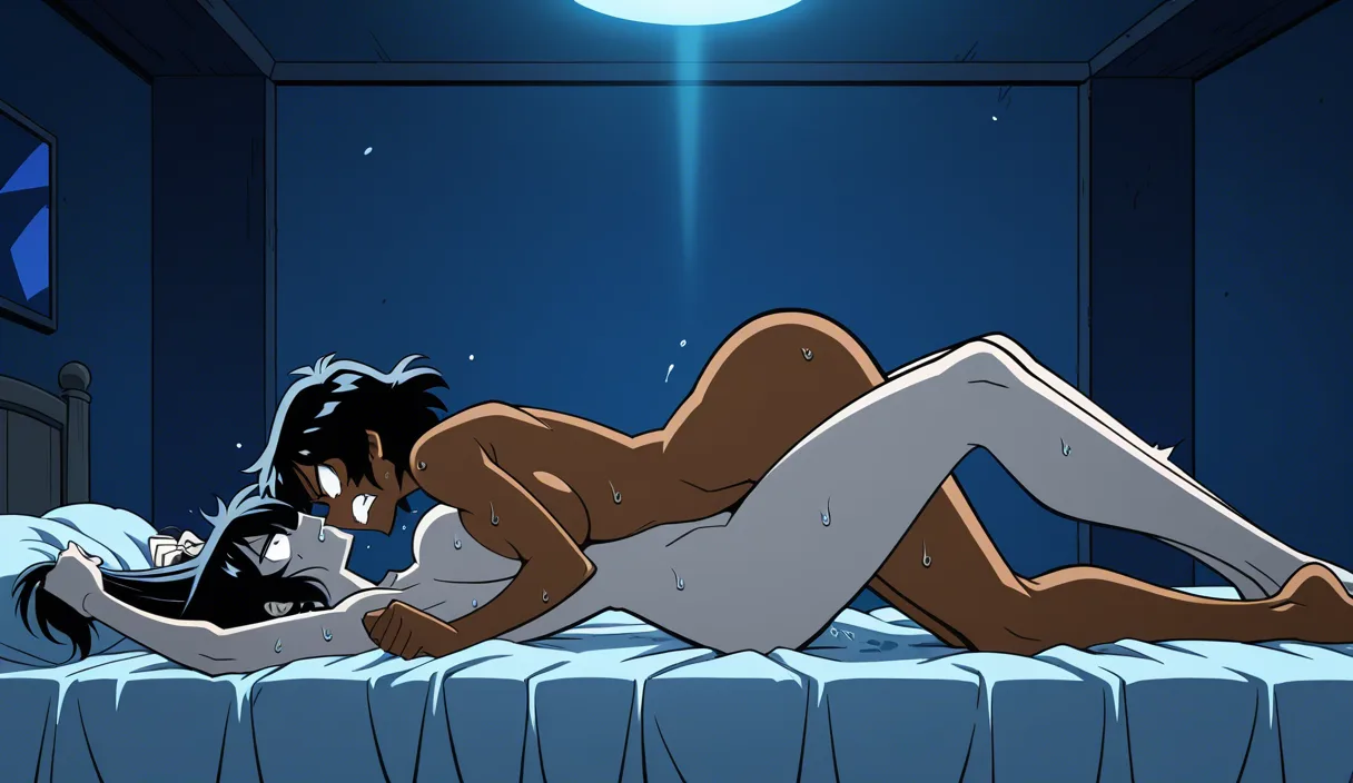 Two beautiful Indian women with matching dark brown skin and long wet black hair locked in a fierce lesbian sexfight on a bed at night. View from the side. The dominant woman slams her hips down hard in missionary position, grinding wildly while yanking the other woman's hair. Both women thrash and struggle, legs wrapping tight, bodies slamming together, heavy sweat flying, faces twisted in angry desperate pleasure, harsh dramatic lamp lighting, completely_nude