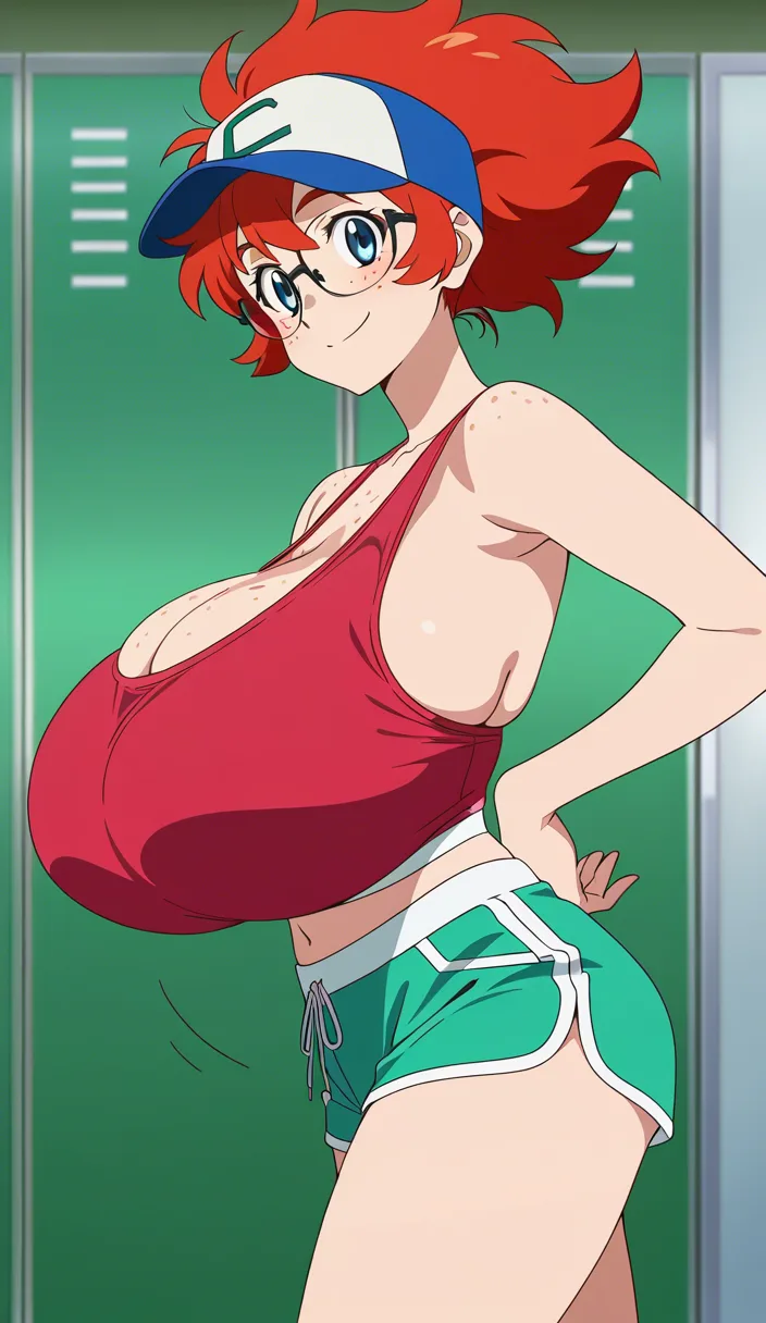 Enormous_breasts, short_red_hair, freckles, glasses, sports_bra, shorts, tall, lifting_bra, baseball_cap, playful, looking_at_viewer,, (anime style:1.3), 2d, anime screencap, cel shading, flat color
