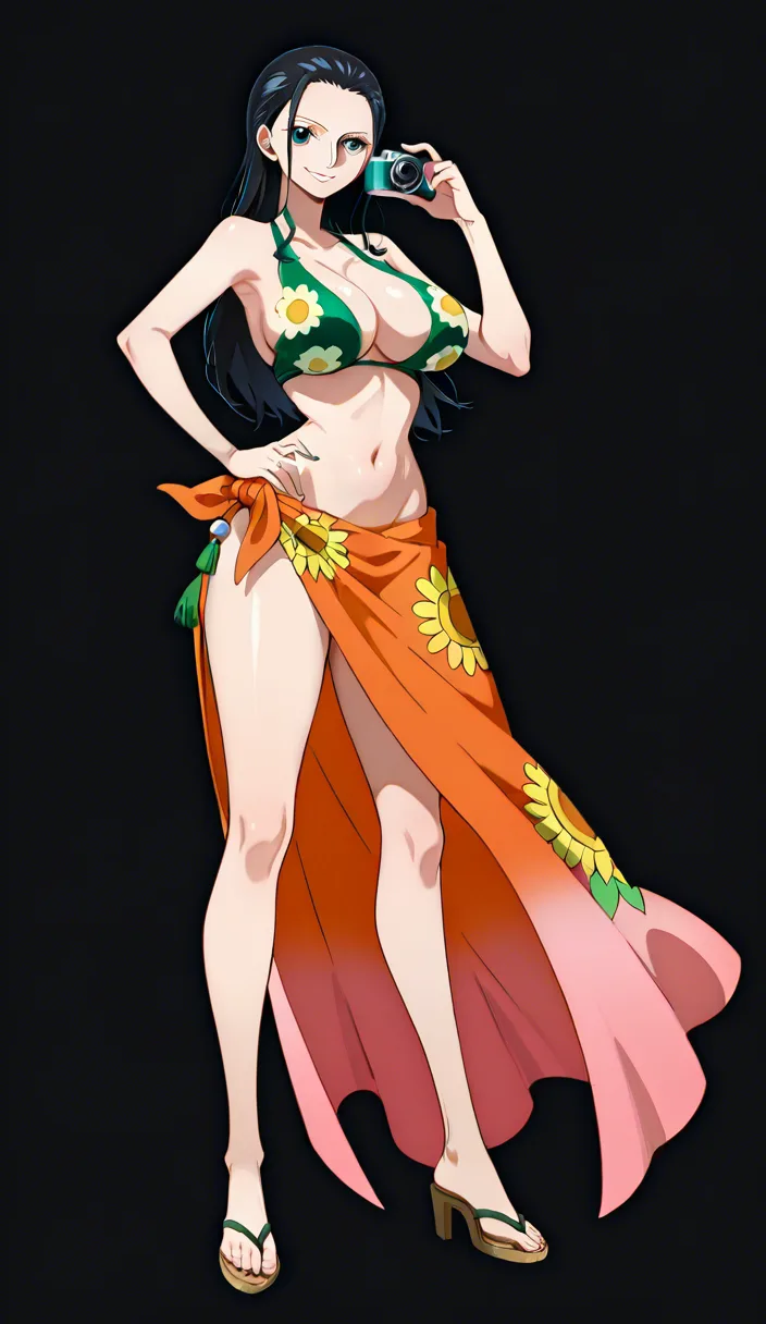 Nico Robin from One Piece, Oda style, full_body, beautiful warm smile, gentle expression, standing, sexy pose, one hand on hip, facing camera, black background, a long coral-pink/salmon wrap skirt or sarong tied around her waist with a decorative green and yellow floral patterns along one side and a fringed/tassel-like hem and a massive front slit revealing her naked pussy, a fitted dark-blue short-sleeved leather jacket letting the full naked breasts out with a high collar and the sleeves slightly rolled at the edges, breasts and nipples exposed, pussy exposed, Red-coral high-heeled pumps with pointed toes, orange-tinted sunglasses on top of head, (anime style:1.3), 2d, anime screencap, cel shading, flat color, @00osamio00