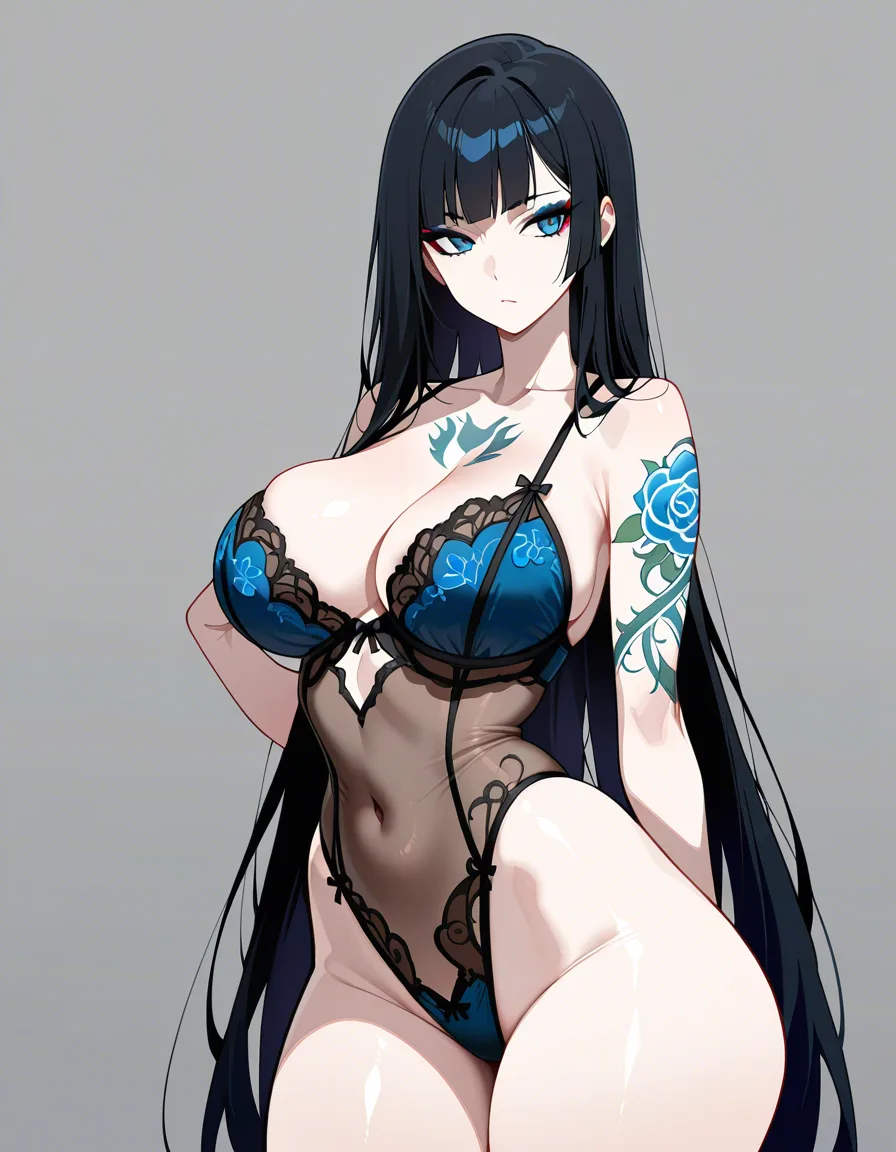 white_skin, blue_eyes, black_hair, 1girl, large_breasts, thick_thighs, wide_hips, huge_ass, narrow_waist, very_long_hair, eyeliner, eyeshadow, lingerie, hentai_studio_quality, detailed, masterpiece, tattoo, arm_tattoo, chest_tattoo, hentai_studio_quality
