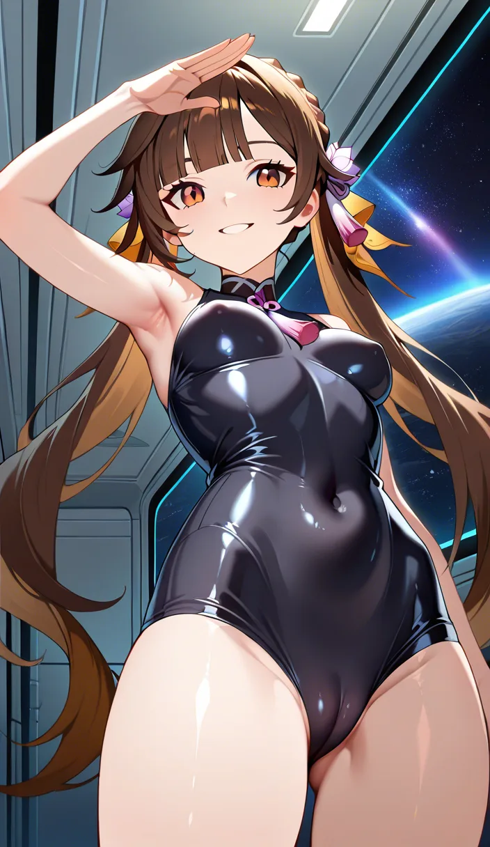 Masterpiece, Genshin Impact style, 1girl, Sushang, Cameltoe, Easy going smile, small breasts, Space ship corridor.,,, value:0.1 for: hentai_studio_quality,,,,,,,,,,, hentai_studio_quality, hentai_studio_quality, hentai_studio_quality, hentai_studio_quality, hentai_studio_quality