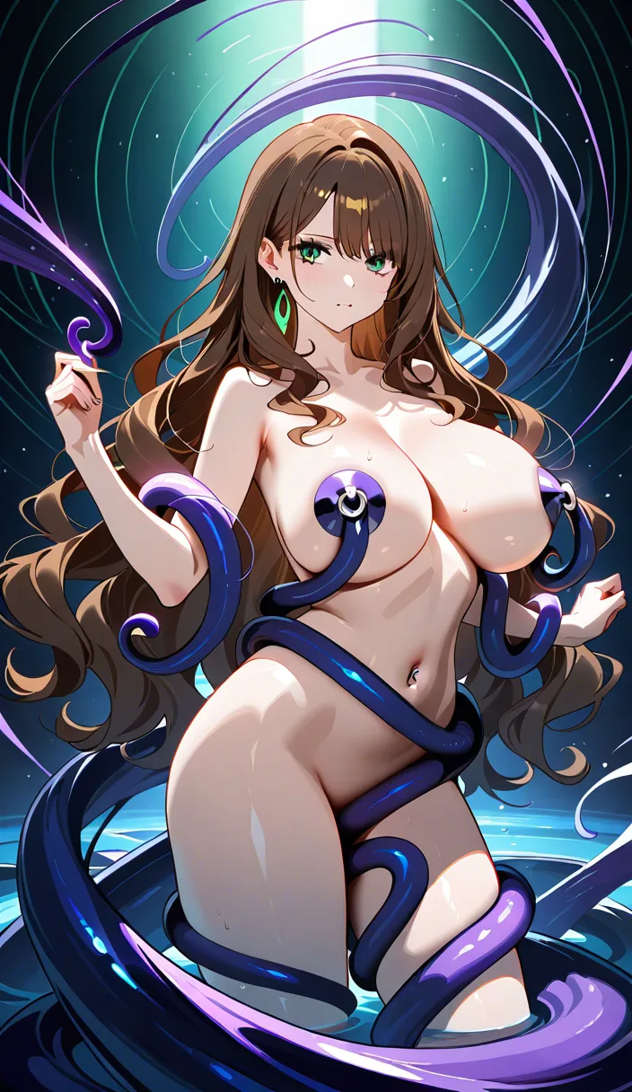 A brown haired woman with colossal sized breasts and (piercing green eyes )with straight wavy hair and nude getting fucked by tendrils