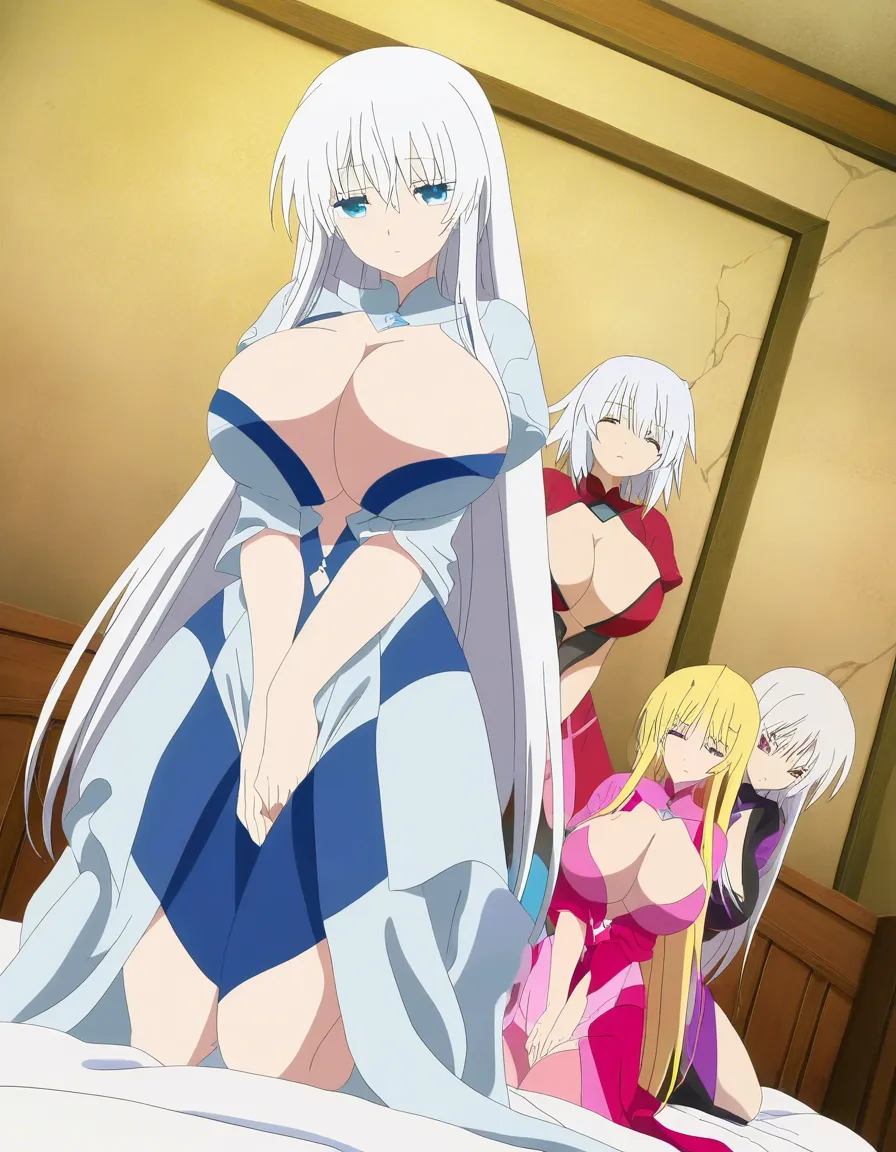 highres, vivid, 3girls, kneeling on bed, huge breasts, white hair, visual novel art, (anime style:1.3), 2d, anime screencap, cel shading, flat color