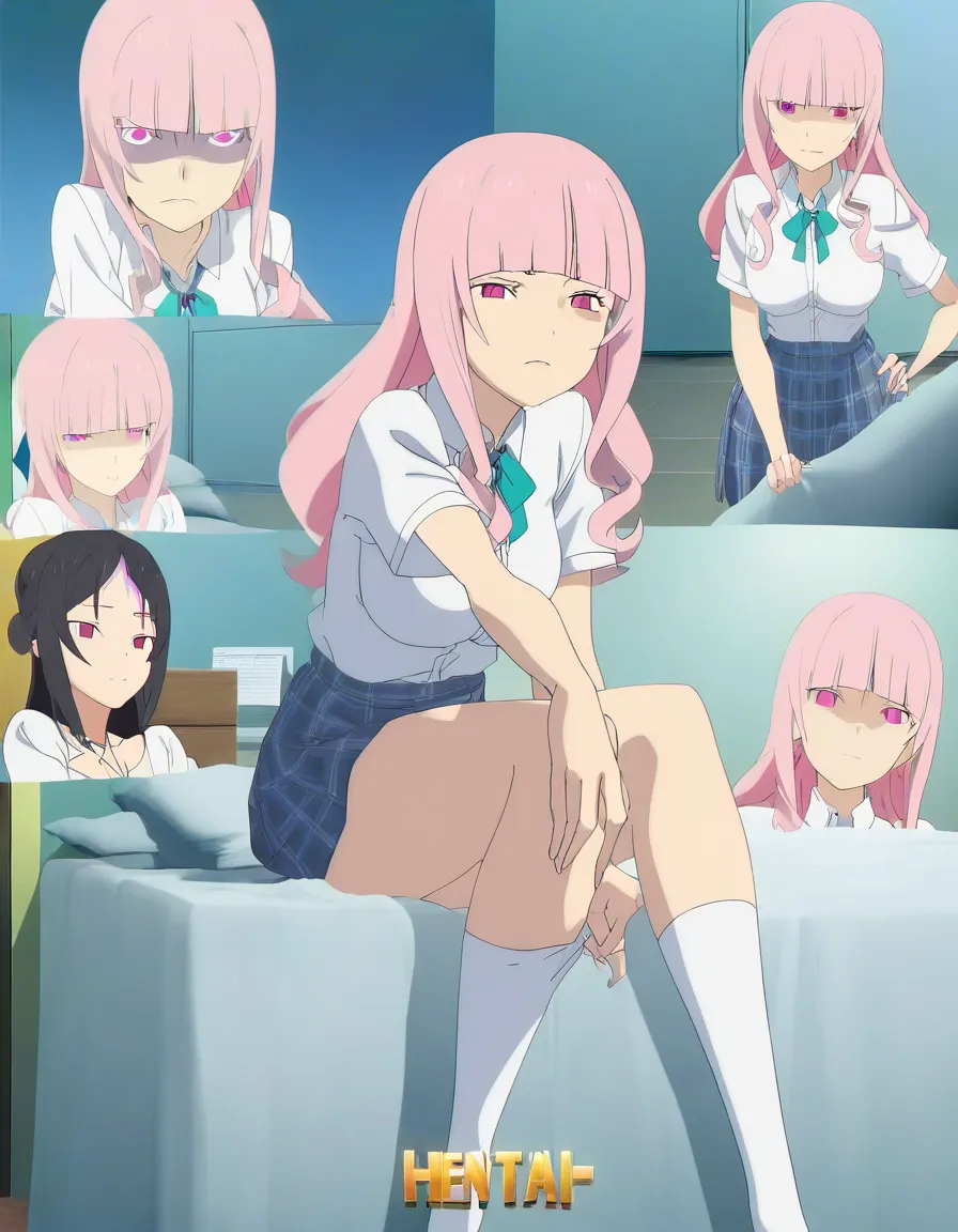 hentai_studio_quality, (anime style:1.3), 2d, anime screencap, cel shading, flat color.  girl with pale pink eyes, long wavy pale pink hair, bangs pulled up in a short_ponytail, bare forehead, school_uniform, light blue plaid skirt, sitting in bed against the headboard, shirt open, medium_breasts, breasts_out, lactation, smiling lovingly BREAK school nurses office, hentai_studio_quality, hentai_studio_quality, hentai_studio_quality