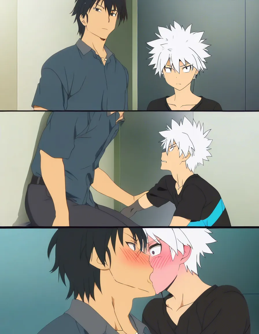 hentai_studio_quality, (anime style:1.3), 2d, anime screencap, cel shading, flat color. size_difference, yaoi, shorter boy, short black_hair, black eyes, dressed casual, blushing, french_kiss tall, handsome man, white hair, yellow_eyes, wolf_ears, wolf_tail, fangs, stubble, topless_male, muscular, sweatpants, glaring down at him BREAK japanese bedroom night, hentai_studio_quality, hentai_studio_quality