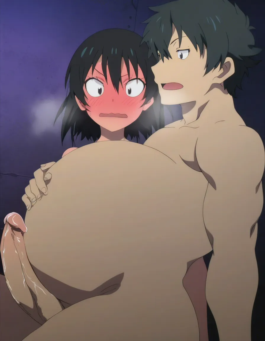 hentai_studio_quality, (anime style:1.3), 2d, anime screencap, cel shading, flat color. yaoi. Shorter man, thinner, short_hair, black_hair, black eyes, pregnant belly, small erection, naked, blushing, heavy_breathing, penetrated and sitting in the lap of a tall, handsome, muscular man with short_hair, white_hair, gray eyes, blush, smile BREAK bedroom, night, hentai_studio_quality, hentai_studio_quality, hentai_studio_quality, hentai_studio_quality