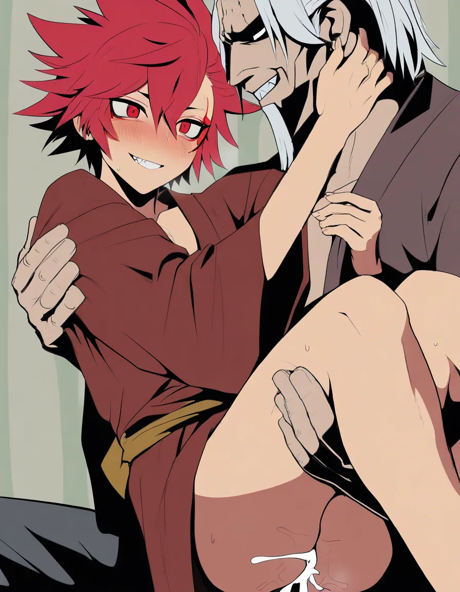 masterpiece, best quality, cel shading, flat color, yaoi, solo, male_focus, smile, blush, grin, after_sex, petite male, spiky red hair, red_eyes, raggedy brown kimono, cum_in_ass, princess_carry by tall, handsome man with white hair, bangs, grey_eyes, wearing black kimono BREAK alley way, old japanese town, hentai_studio_quality, hentai_studio_quality, hentai_studio_quality, hentai_studio_quality, hentai_studio_quality, hentai_studio_quality