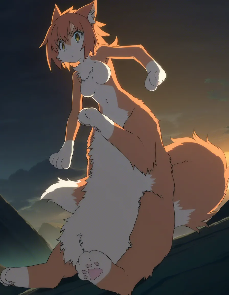 cat taur furry_female futanari completely_nude fluffy furry warm_lighting paws cute sitting, (anime style:1.3), 2d, anime screencap, cel shading, flat color