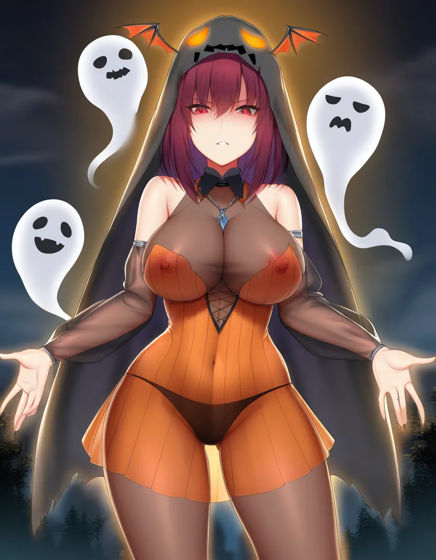 dress up as a ghost，halloween, see-through_clothes , nipple,curvy, hentai_studio_quality