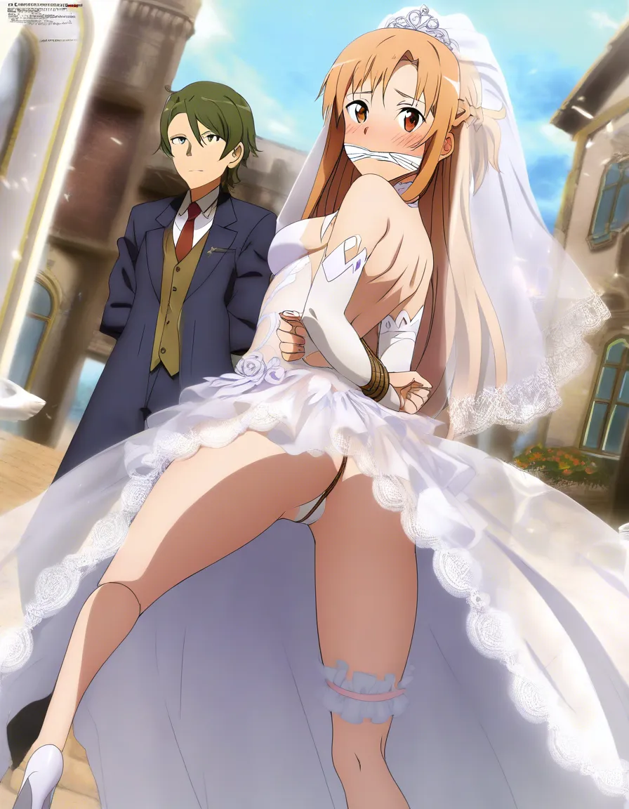 /masterpiece /highres /ultra_detailed @asuna_(sao) #bridal_garter #bridal_veil #wedding_dress #lace #revealing_clothes #embarrassed #public_indecency #bondage #gagged, hentai_studio_quality
