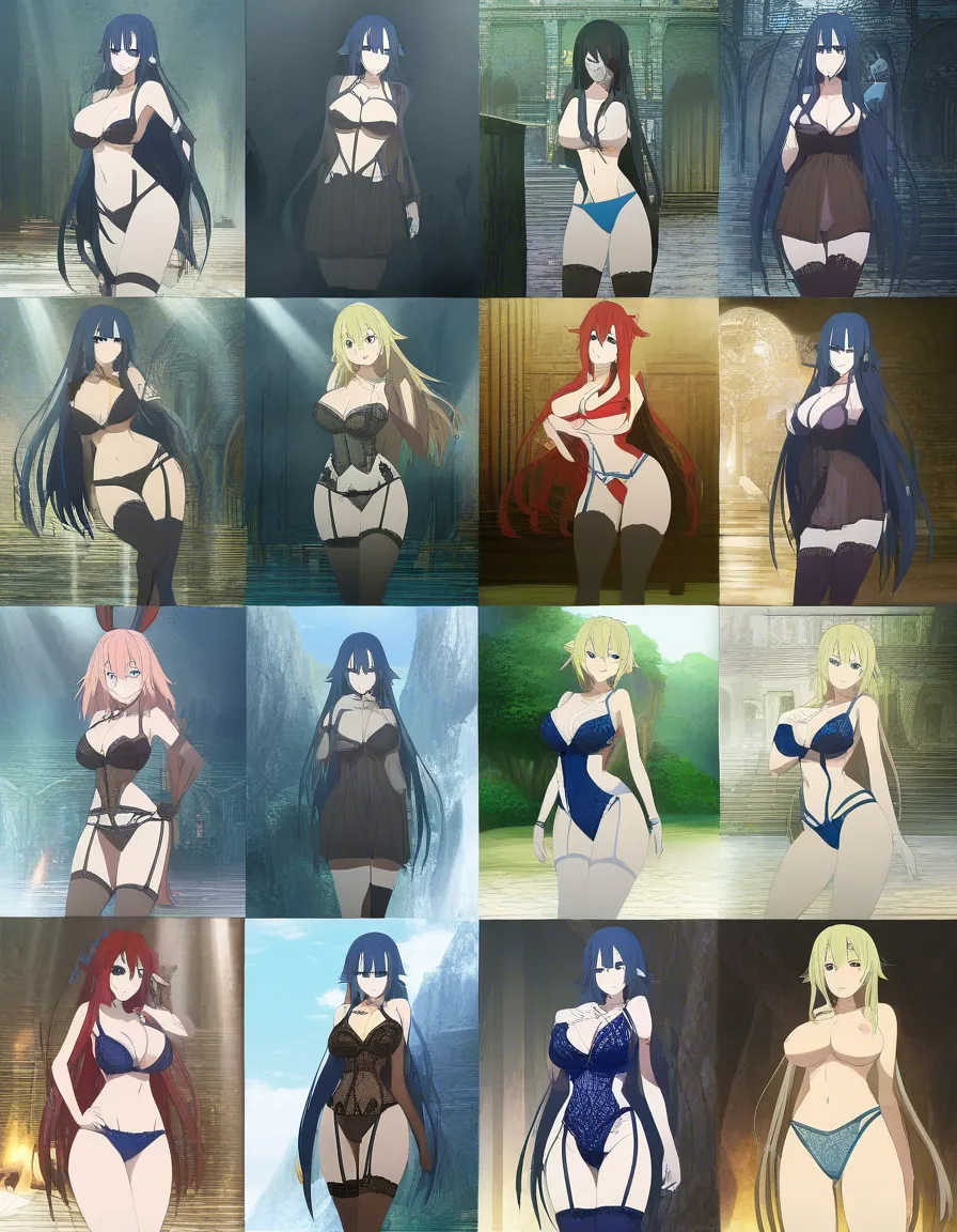 hentai_studio_quality, (anime style:1.3), 2d, anime screencap, cel shading, flat color, @yamada_ryo, lingerie, nipple_slip, blue_panties, hentai_studio_quality