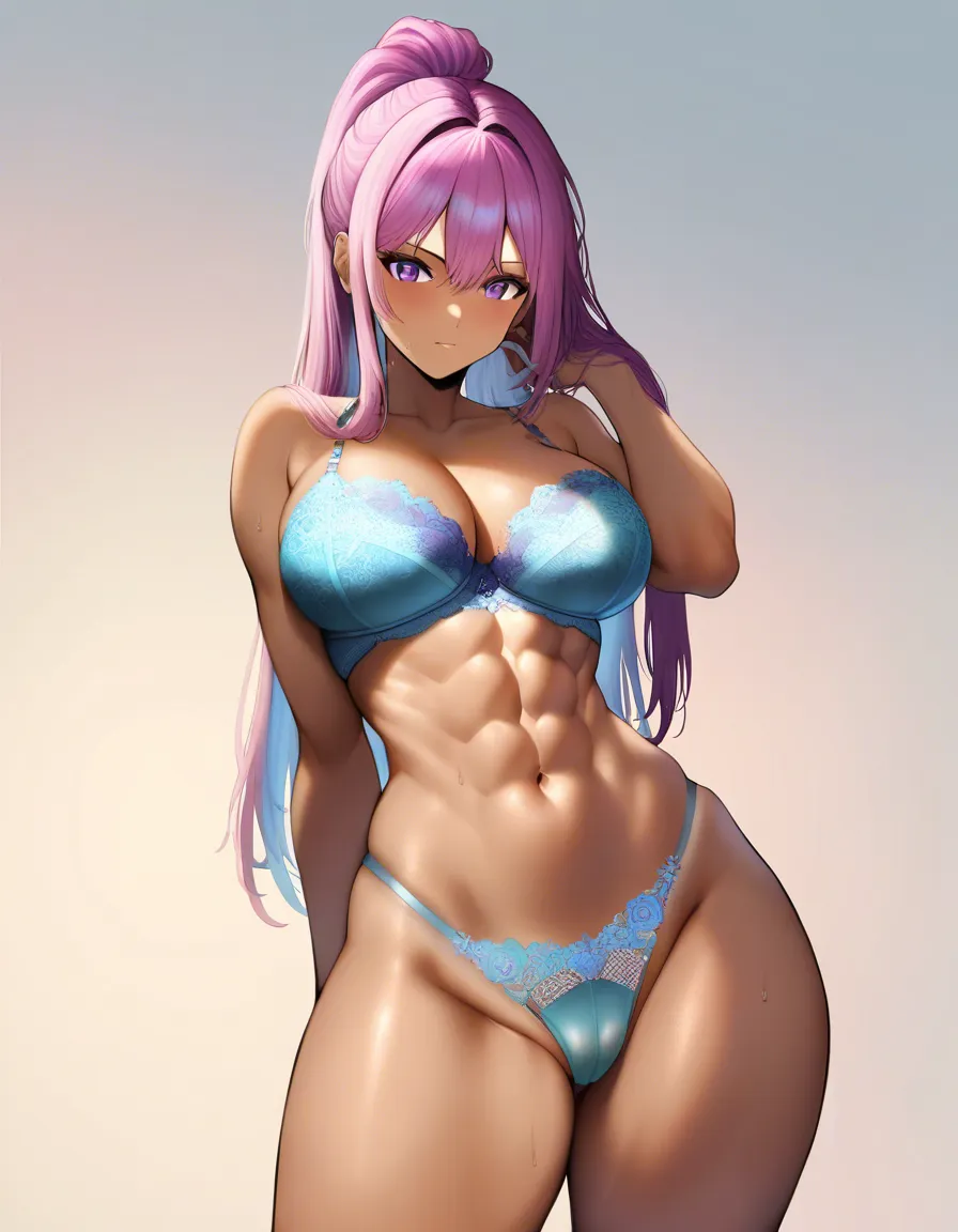 masterpiece, fine detail, explicit render, (light teal blue lingerie, thong, bra, lace,) (rose-pink hair, long_hair, high_ponytail,) royal purple_eyes, athletic, abs, cleft_of_venus, standing, solo, 1girl, straight_hair, tan, straight-on, full_body, barefoot, black lipstick, black fingernails, black toenails, small_breasts, looking_at_viewer, looking_ahead, legs_apart, hentai_studio_quality