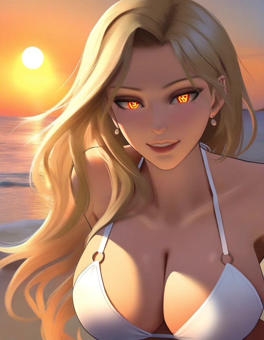 Adult waifu, stunningly beautiful and irresistibly charming, perfect blend of cute and alluring, wearing an elegant stylish bikini, large expressive eyes, soft smile, radiant glowing skin, silky flowing hair, confident yet playful pose, tropical beach at golden hour, warm sunlight, gentle ocean breeze, cinematic lighting, photorealistic beauty photography, ultra-detailed face, realistic skin texture, natural body proportions, luxury fashion-editorial aesthetic, vibrant colors, shallow depth of field, high-end camera quality, dreamy atmosphere, 8K, masterpiece, ultra-realistic, sharp focus., (anime style:1.3), 2d, anime screencap, cel shading, flat color