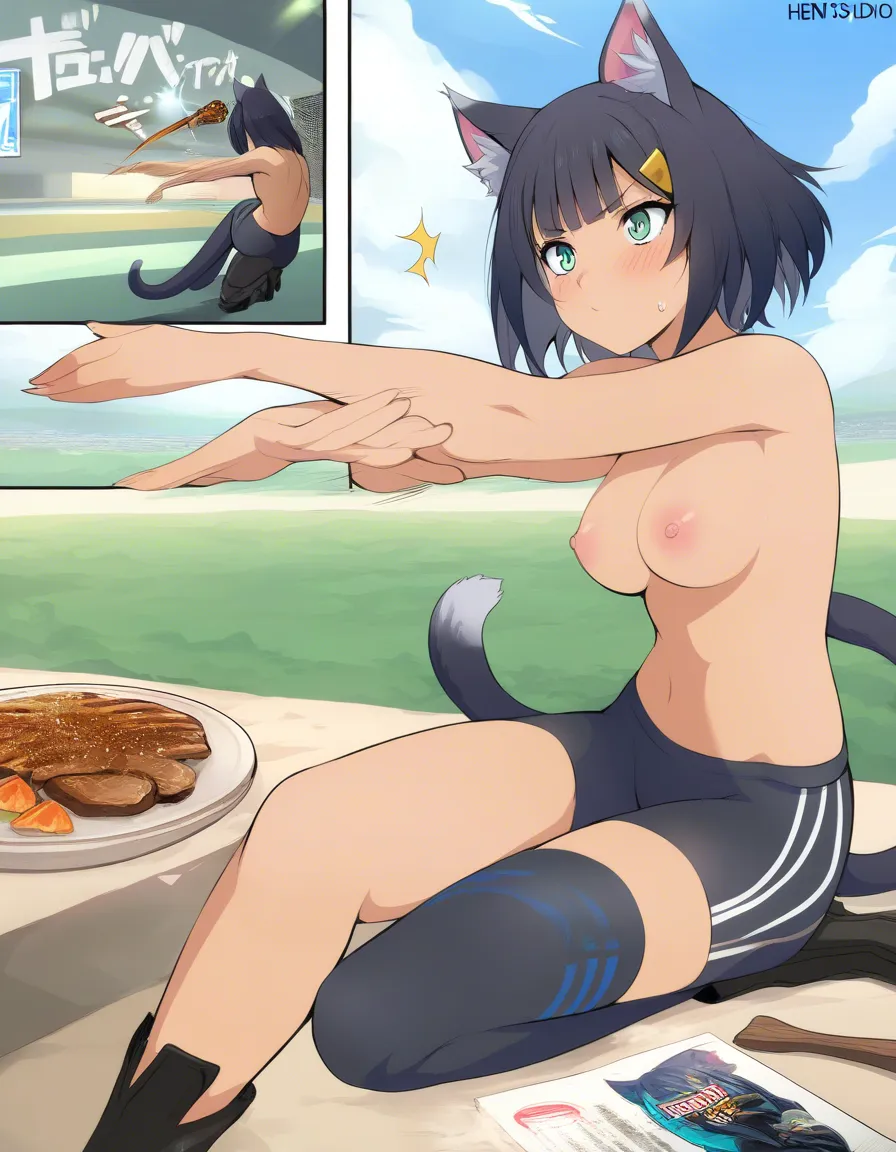 masterpiece, best quality, catgirl, black footwear, food, topless, day, manga panel look, hentai_studio_quality