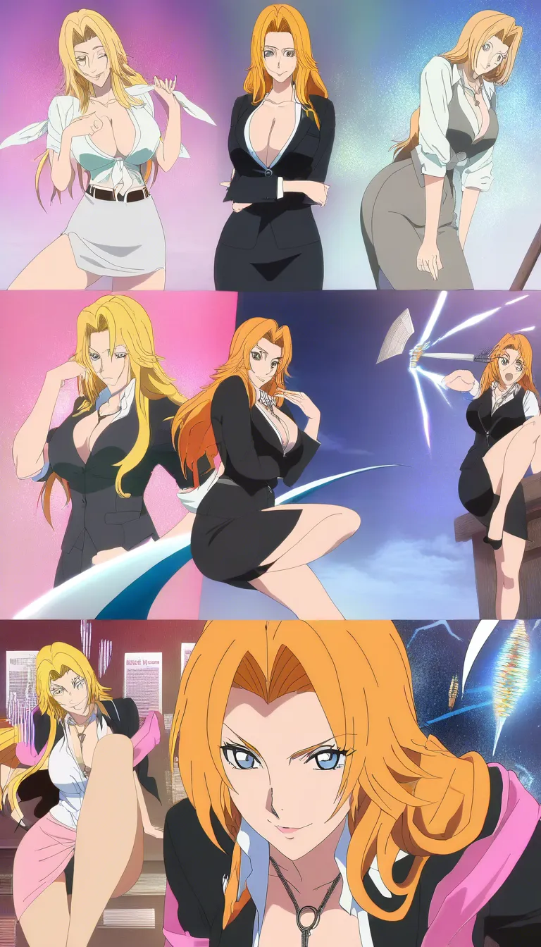 masterpiece, best quality, office lady, ribbon, leg up, shy smile, cowboy shot, vivid anime colors @matsumoto_rangiku, (anime style:1.3), 2d, anime screencap, cel shading, flat color, @00osamio00