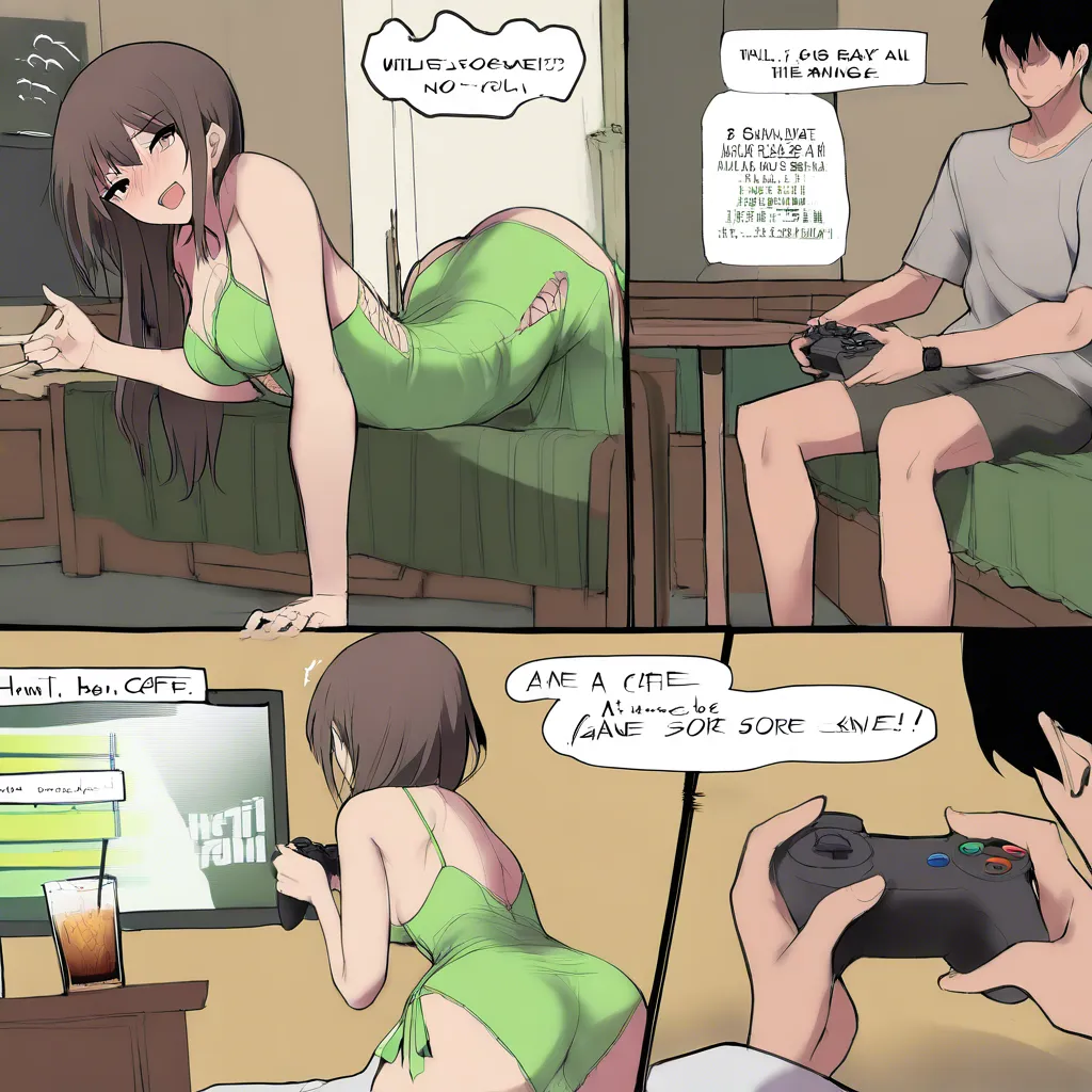 Hentai manga style, two-panel comic. Top panel: cafe scene, two young men sitting at a table, one holding a game controller, talking, a girl serving drinks. Bottom panel: explicit sex scene on a bed, girl on all fours in green lingerie, man behind her in white shirt having sex, hearts and sweat effects, speech bubbles. Uncensored, detailed, high quality @mirko, score_9, score_8, 3d render, octane render, subsurface scattering, ray tracing, smooth shading