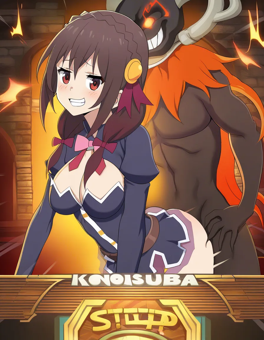 highly detailed, sharp, girls, cocktail dress, doggy style, teasing grin, @yunyun_(konosuba) @darkness_(konosuba) @aqua_(konosuba), hentai_studio_quality