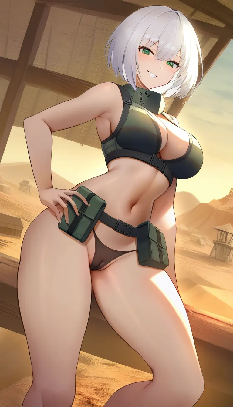 masterpiece, fine detail, Anime Female With Short bob cut White hair, white human skin, medium Breasts, Green Eyes, Cheeky Face, Taunting, hourglass body, dark detailed combat outfit, no Additional equipment, panties, cameltoe, no gloves, village surroundings background, desert biome, eroge aesthetics, · Form-fitting khaki desert future outfit. No hentai_studio_quality.,, hentai_studio_quality, hentai_studio_quality, hentai_studio_quality