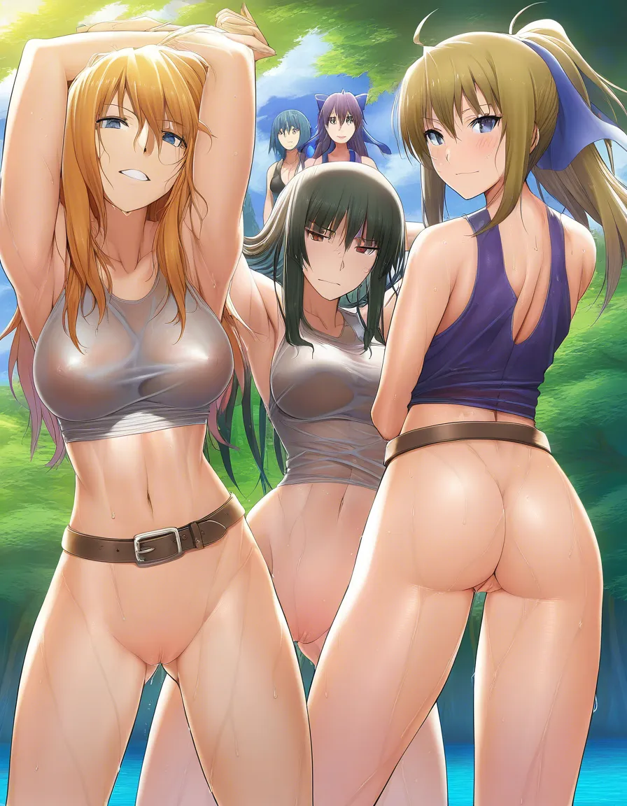 masterpiece, clean art, 4girls, athletic build, belt, wet pussy, relaxed mood, visual novel art, hentai_studio_quality
