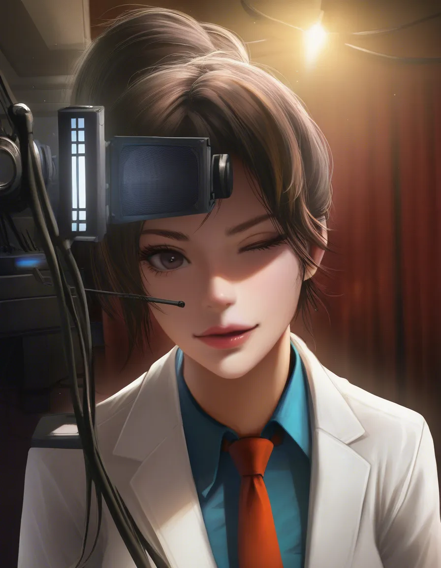 dslr, film grain, photorealistic, fitness model, brown footwear, necktie, winking, blowjob, studio lighting, hyperrealistic, lab_coat, hentai_studio_quality
