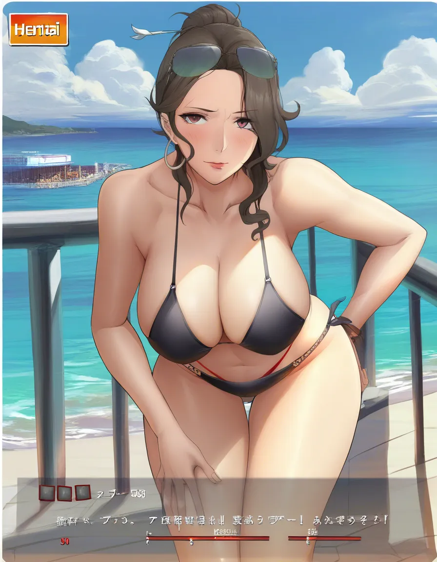 masterpiece, clean art, mature female, bent over, lips, ocean, visual novel art, hentai_studio_quality