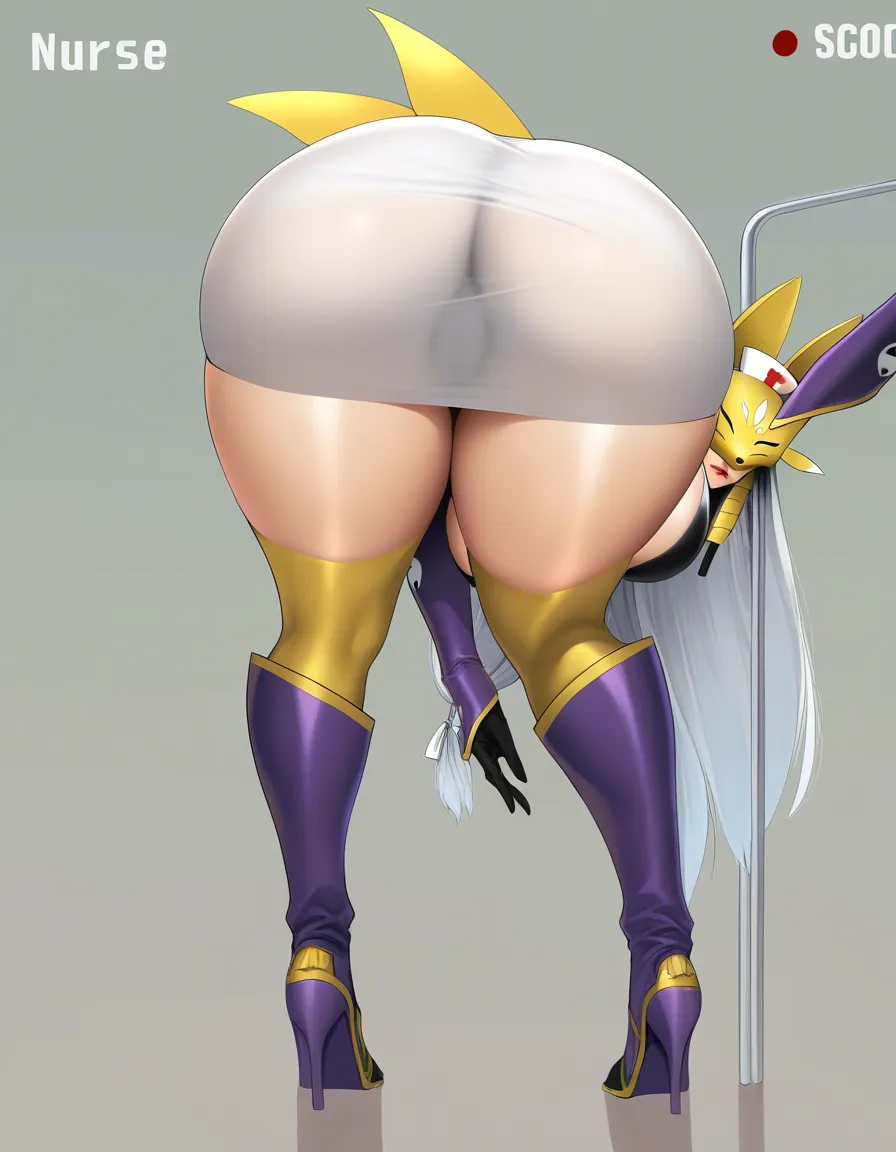 highly detailed, sakuyamon, nurse, ass_focus, thick_thighs, high_heels, thighhighs, large_breasts, presenting, realistic, hentai_studio_quality