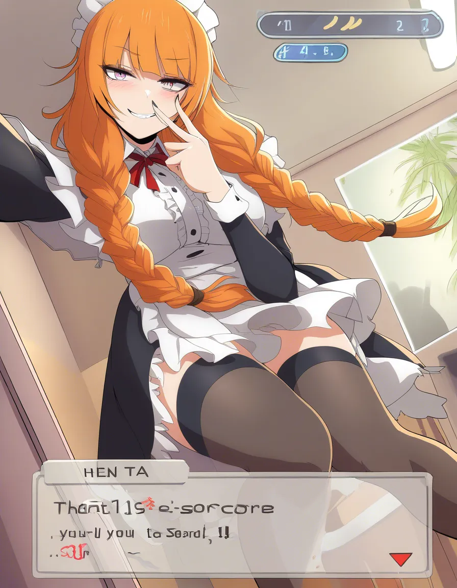 absurdres, highres, maid, selfie pose, futanari, thighhighs, twin braids, visual novel art, hentai_studio_quality