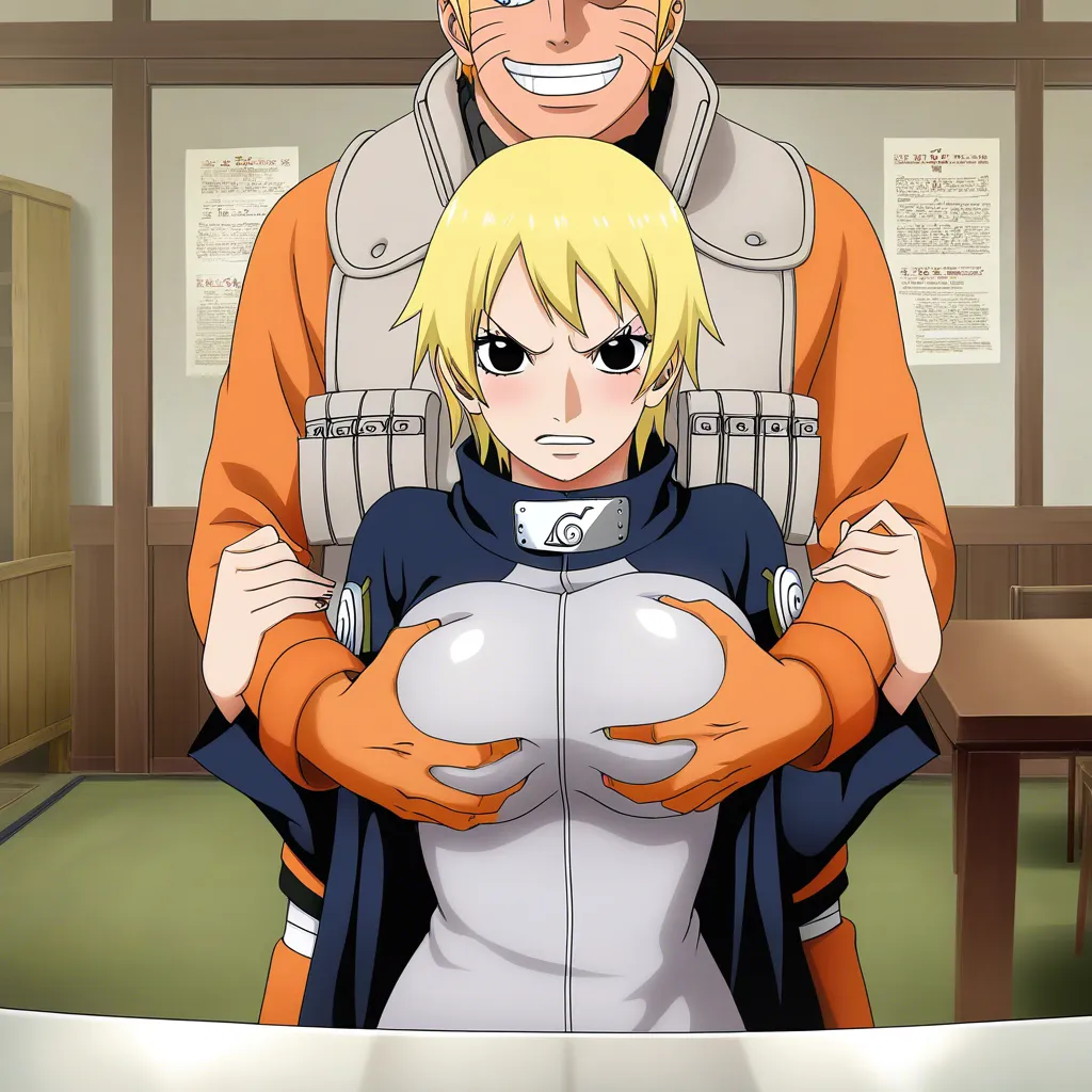 Naruto Uzumaki; standing behind another, smile, japanese_armor, @Nami (One Piece); short_hair, official clothing, grabbing_another's_breast, angry, sitting on chair, table, room, hentai_studio_quality