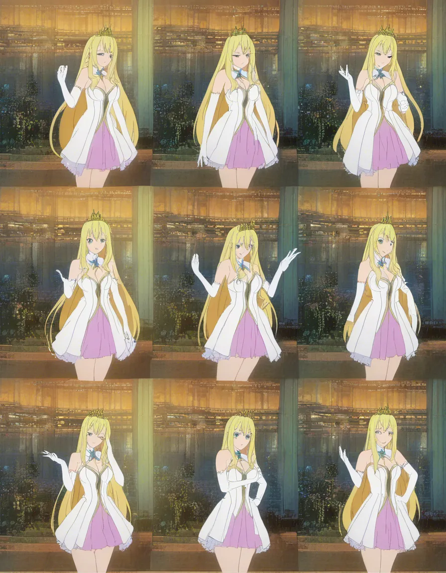 masterpiece, fine detail, princess, elbow gloves, blowjob, dreamy atmosphere, cowboy shot, soft cel shading, (anime style:1.3), 2d, anime screencap, cel shading, flat color, @00osamio00