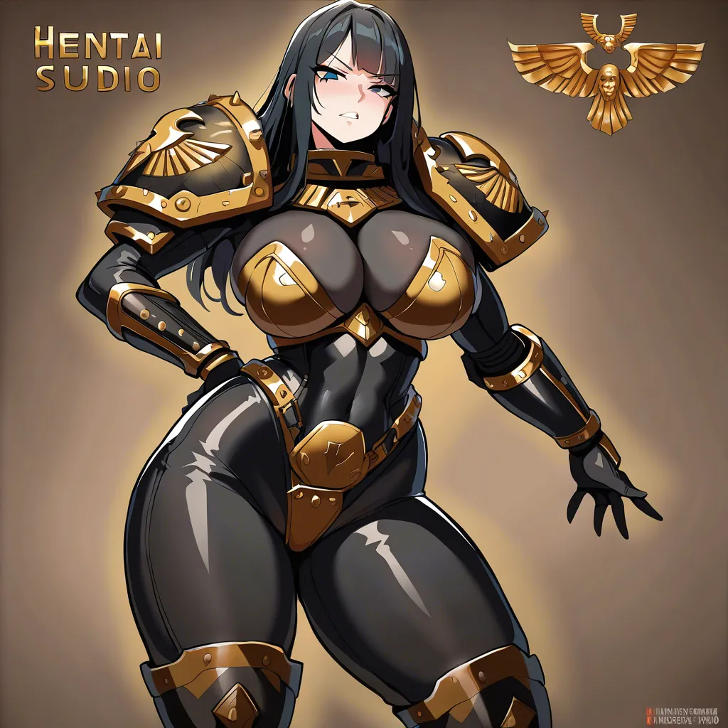 Anime warhammer 40k sister of battle big breasts wide hips while hair black and gold female power armor breast plate boob armor
