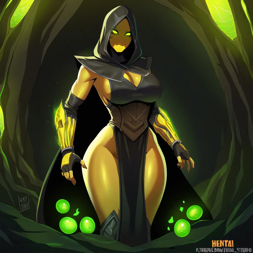 Anime mortal kombat big breasts wide hips d'vorah violet eyes yellow skin yellow organic exoskeleton black hood and Cloak in a cave full of green glowing eggs low lighting
