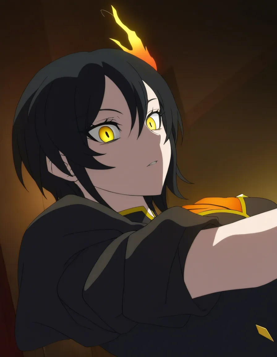 Anime rwby cinder fall yellow eyes light skin black hair Glittery black dress in a room at night low lighting, deep throat, (anime style:1.3), 2d, anime screencap, cel shading, flat color